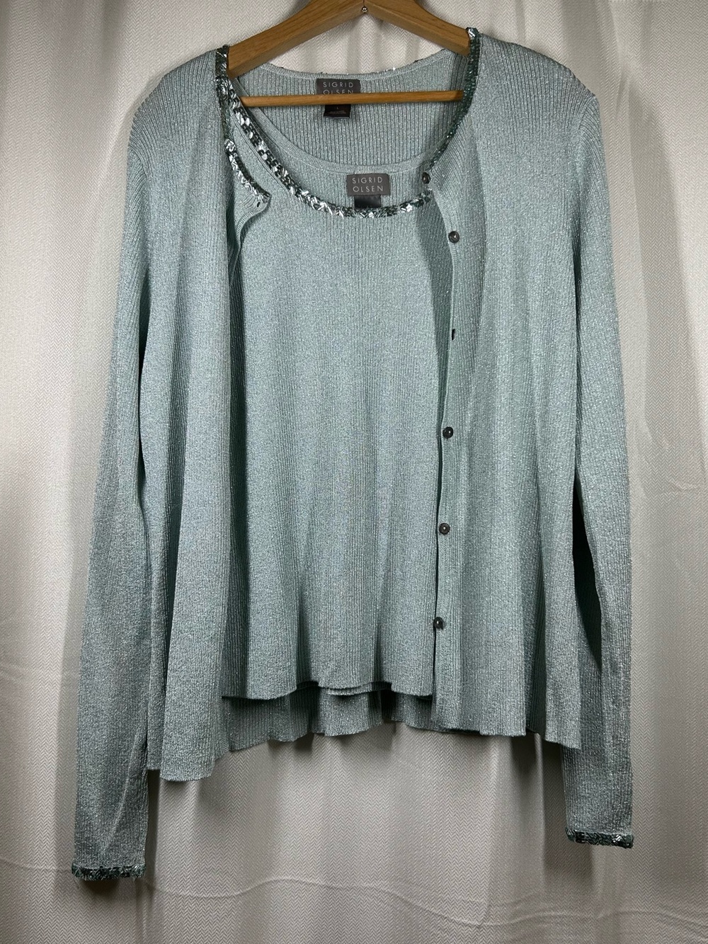 Sigrid Olsen 2 Piece Sweater Set Metallic Tank Sweater Cardigan Sequin Sz Large